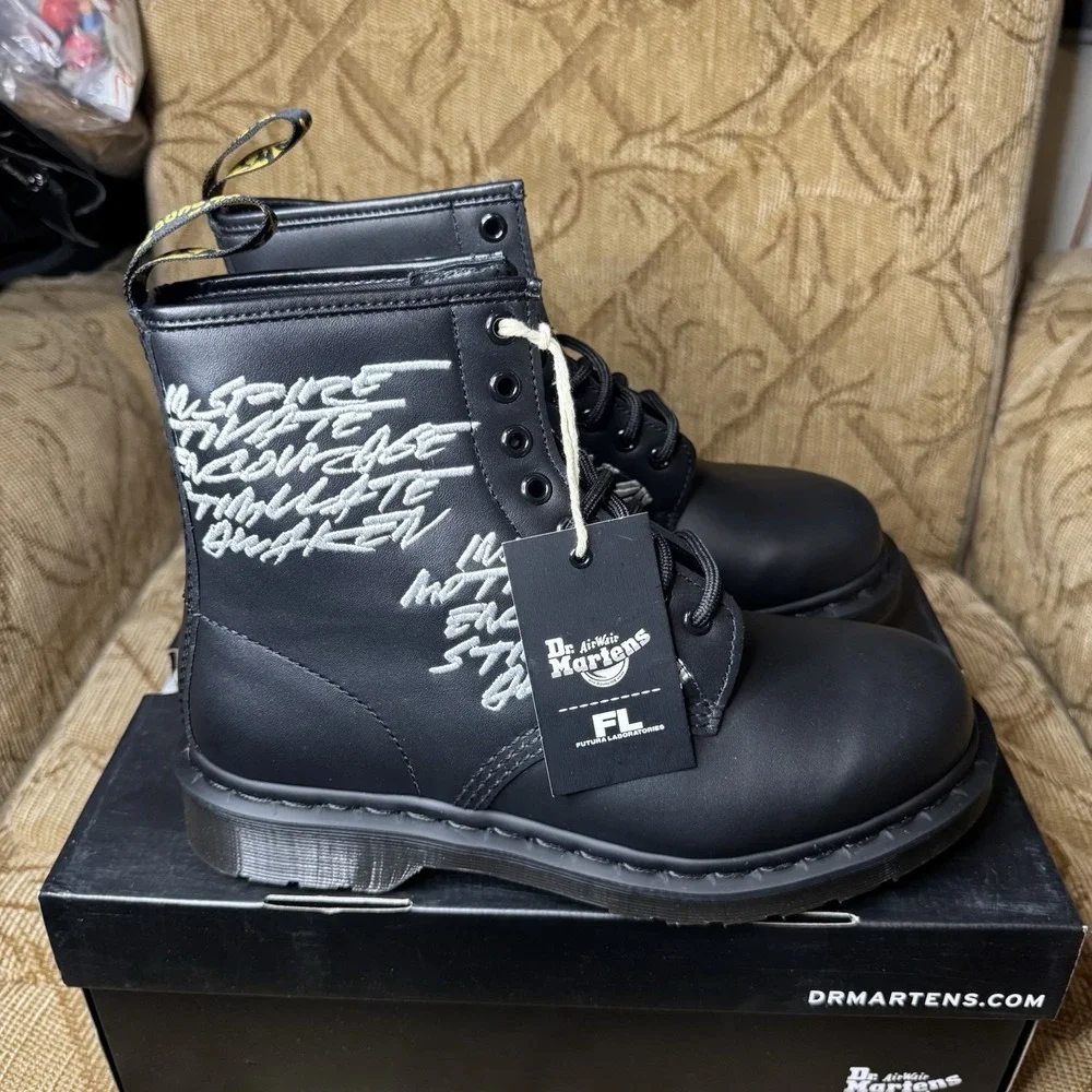 Dr. Martens X Futura Laboratory Embroidered 7M And 8L Black Combat Boots Cool - Picture 3 of 7